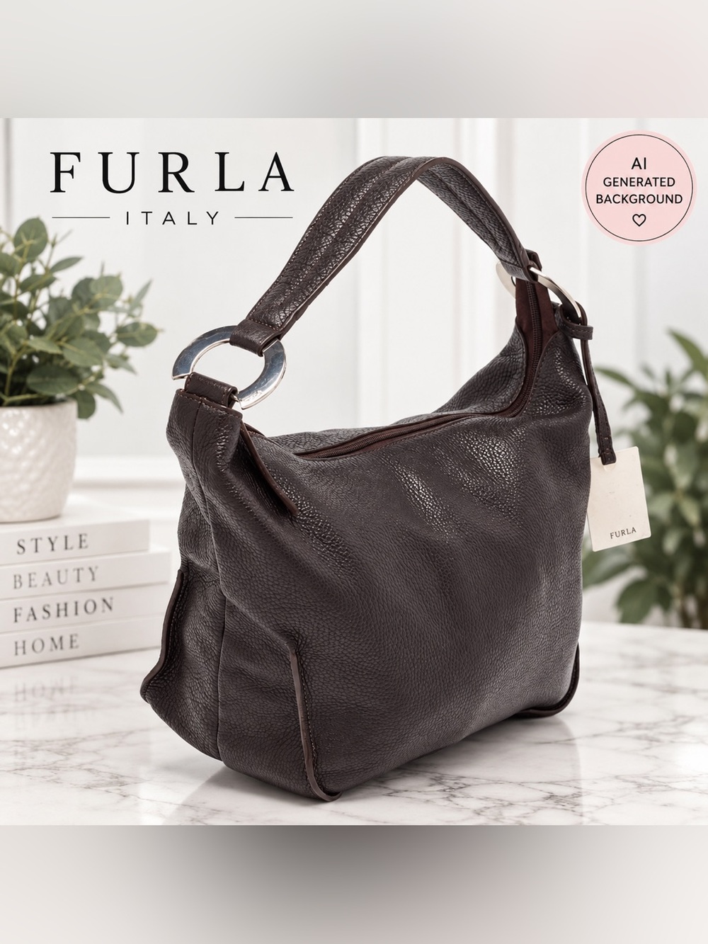 Furla Dark Brown Grained Leather Ring Handle Hobo